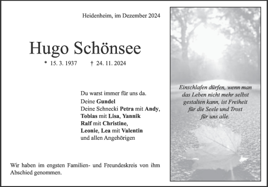 Traueranzeige von Hugo Schönsee von Heidenheimer Zeitung