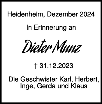 Traueranzeige von Dieter Munz von Heidenheimer Zeitung