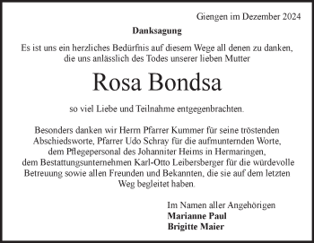 Traueranzeige von Rosa Bondsa von Heidenheimer Zeitung