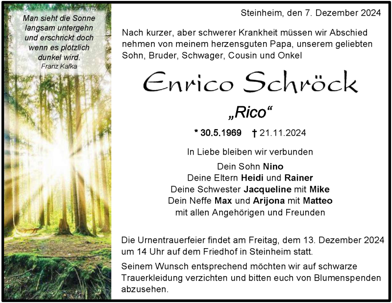  Traueranzeige für Enrico Schröck vom 07.12.2024 aus Heidenheimer Zeitung