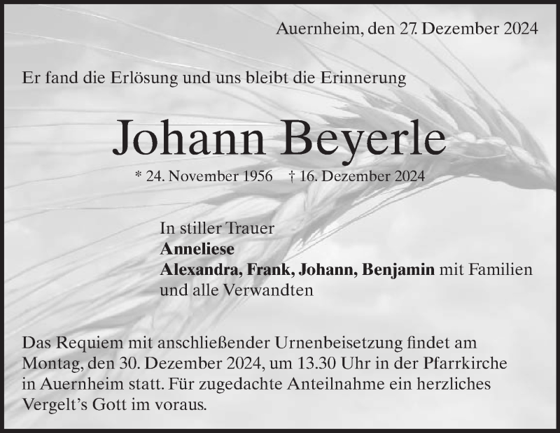  Traueranzeige für Johann Beyerle vom 27.12.2024 aus Heidenheimer Zeitung