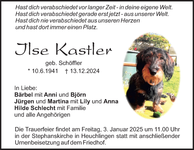  Traueranzeige für Ilse Kastler vom 28.12.2024 aus Heidenheimer Zeitung