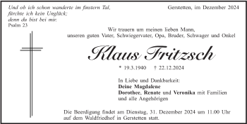Traueranzeige von Klaus Fritzsch von Heidenheimer Zeitung