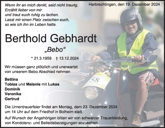 Traueranzeige von Berthold Gebhardt von Heidenheimer Zeitung