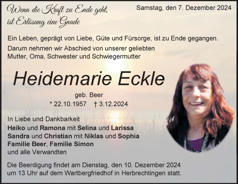  Traueranzeige für Heidemarie Eckle vom 07.12.2024 aus Heidenheimer Zeitung