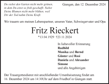 Traueranzeige von Fritz Rieckert von Heidenheimer Zeitung