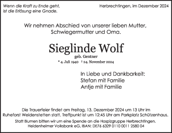 Traueranzeige von Sieglinde Wolf von Heidenheimer Zeitung