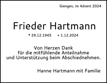 Traueranzeige von Friedrich Hartmann von Heidenheimer Zeitung