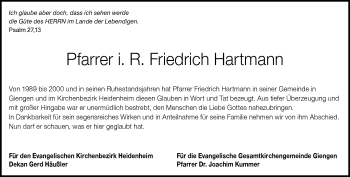 Traueranzeige von Friedrich Hartmann von Heidenheimer Zeitung