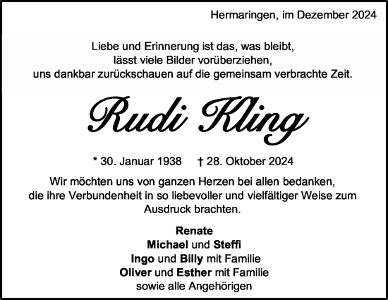 Traueranzeige von Rudi Kling von Heidenheimer Zeitung