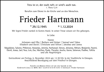 Traueranzeige von Friedrich Hartmann von Heidenheimer Zeitung