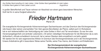 Traueranzeige von Friedrich Hartmann von Heidenheimer Zeitung