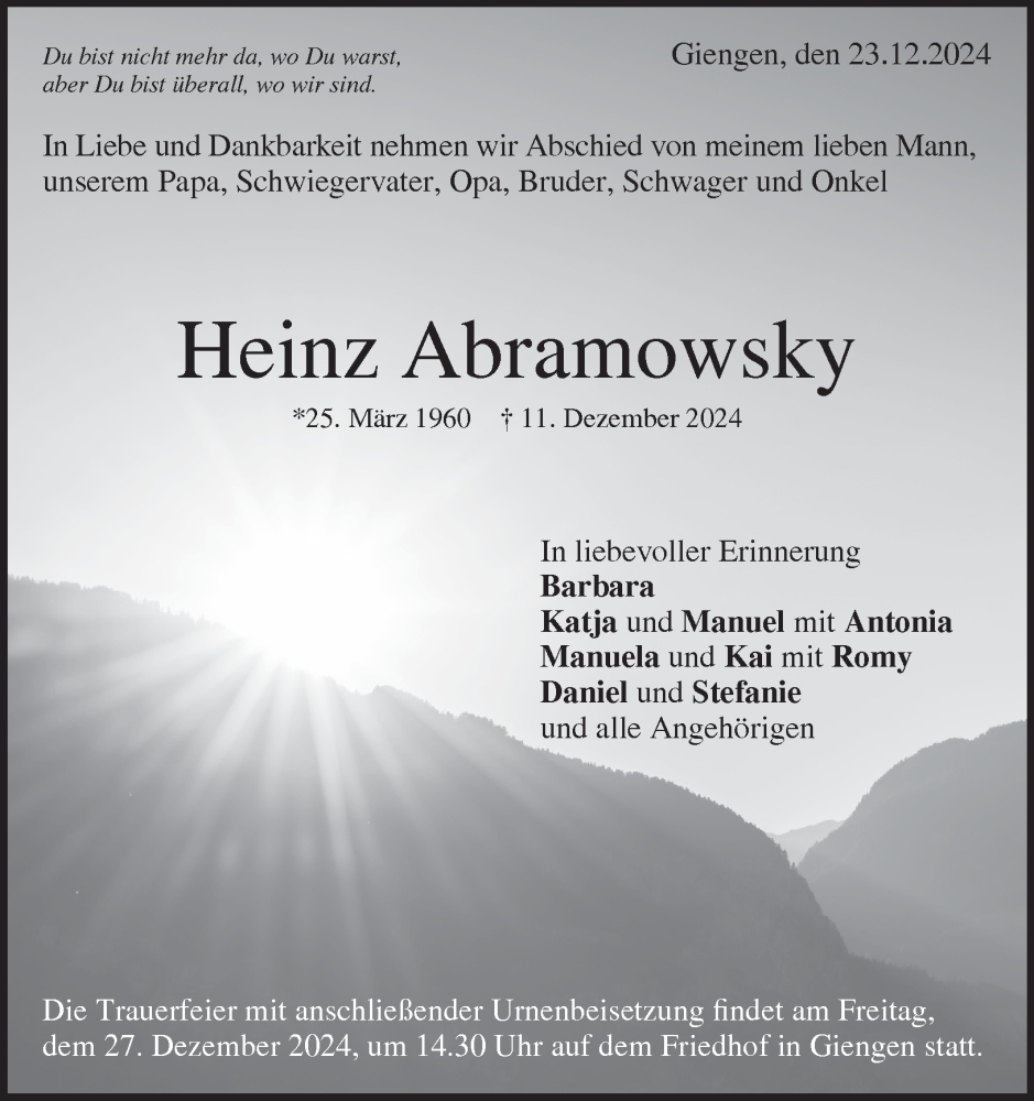  Traueranzeige für Heinz Abramowsky vom 23.12.2024 aus Heidenheimer Zeitung