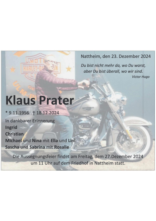 Traueranzeige von Klaus Prater 