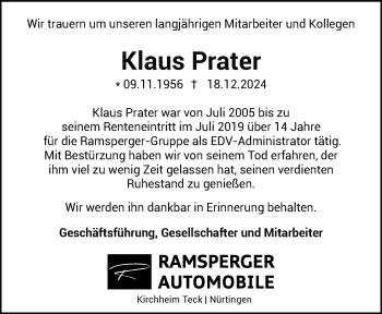 Traueranzeige von Klaus Prater von Heidenheimer Zeitung