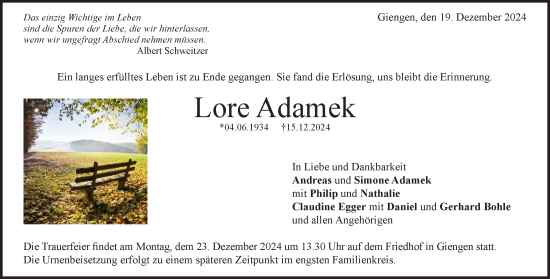 Traueranzeige von Lore Adamek von Heidenheimer Zeitung
