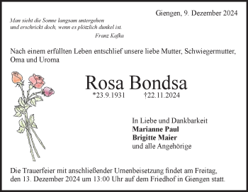 Traueranzeige von Rosa Bondsa von Heidenheimer Zeitung