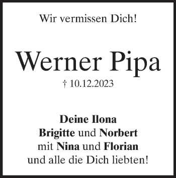 Traueranzeige von Werner Pipa von Heidenheimer Zeitung