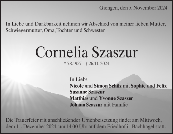 Traueranzeige von Cornelia Szaszur von Heidenheimer Zeitung