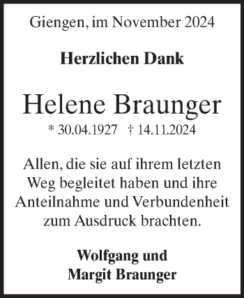 Traueranzeige von helene Braunger von Heidenheimer Zeitung