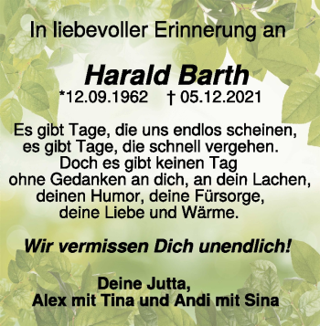 Traueranzeige von Harald Barth von Heidenheimer Zeitung
