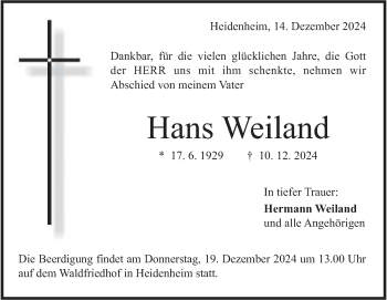 Traueranzeige von Hans  Weiland von Heidenheimer Zeitung