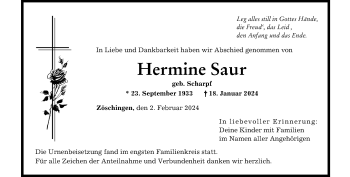 Traueranzeige von Hermine Saur von Heidenheimer Zeitung