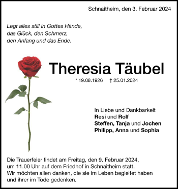 Traueranzeige von Theresia Täubel von Heidenheimer Zeitung