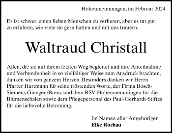 Traueranzeige von Waltraud Christall von Heidenheimer Zeitung