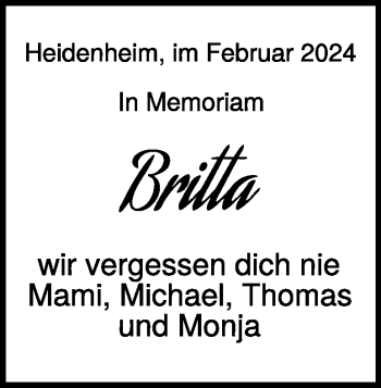 Traueranzeige von Britta Fiedler  von Heidenheimer Zeitung