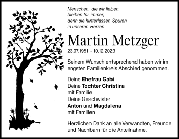 Traueranzeige von Martin Metzger von Heidenheimer Zeitung
