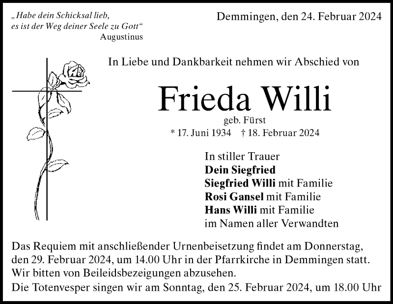  Traueranzeige für Frieda Willi vom 24.02.2024 aus Heidenheimer Zeitung