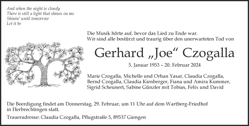  Traueranzeige für Gerhard Czogalla vom 24.02.2024 aus Heidenheimer Zeitung