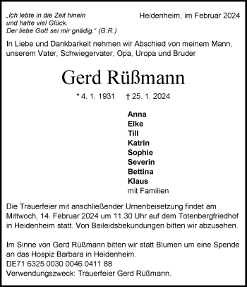Traueranzeige von Gerd Rüssmann von Heidenheimer Zeitung