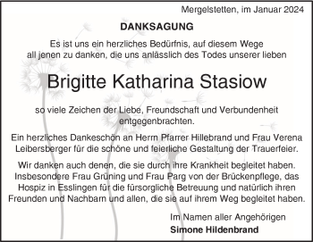 Traueranzeige von Brigitte Katharina Stasiow von Heidenheimer Zeitung
