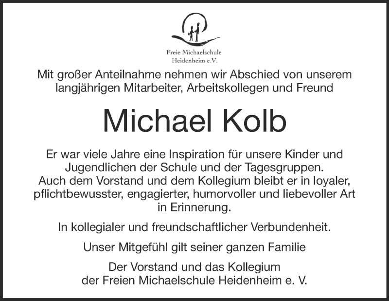  Traueranzeige für Michael Kolb vom 24.02.2024 aus Heidenheimer Zeitung