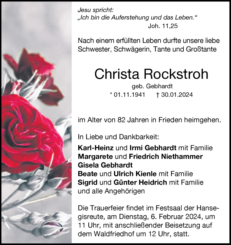 Traueranzeige für Christa Rockstroh vom 03.02.2024 aus Heidenheimer Zeitung