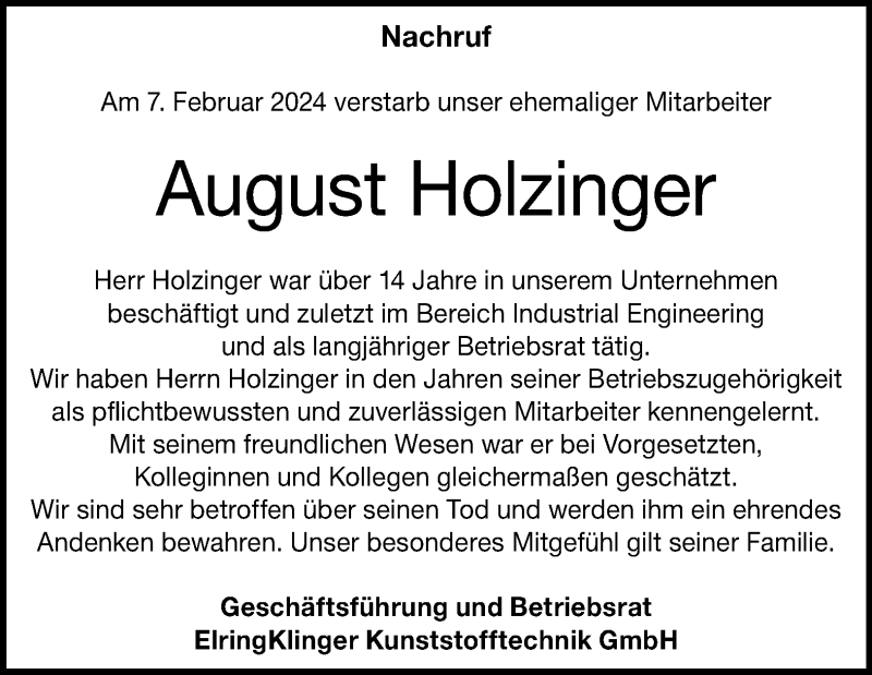  Traueranzeige für August Holzinger vom 24.02.2024 aus Heidenheimer Zeitung