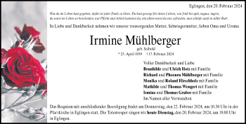Traueranzeige von Irmine Mühlberger von Heidenheimer Zeitung