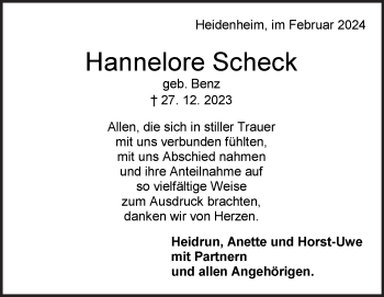 Traueranzeige von Hannelore Scheck von Heidenheimer Zeitung