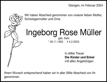 Traueranzeige von Ingeborg Rose Müller von Heidenheimer Zeitung