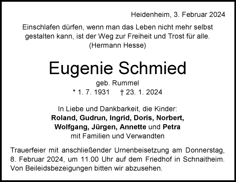  Traueranzeige für Eugenie Schmied vom 03.02.2024 aus Heidenheimer Zeitung