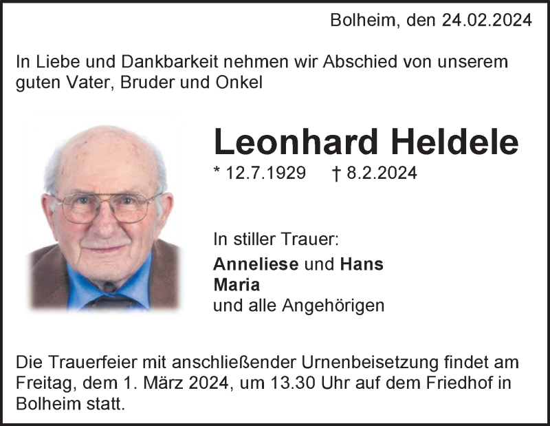  Traueranzeige für Leonhard Heldele vom 24.02.2024 aus Heidenheimer Zeitung