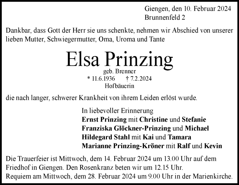 Traueranzeige für Elsa Prinzing vom 10.02.2024 aus Heidenheimer Zeitung