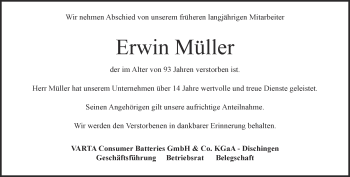 Traueranzeige von Erwin Müller von Heidenheimer Zeitung
