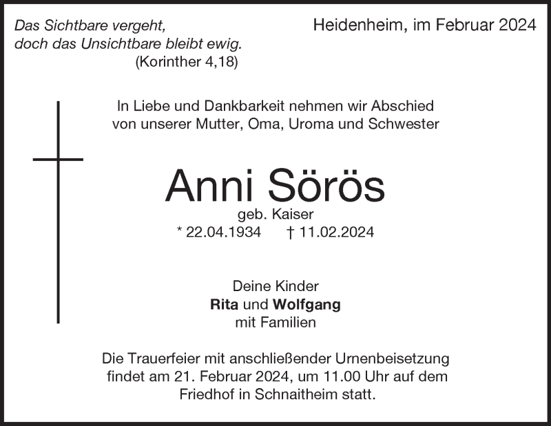  Traueranzeige für Anni Sörös vom 17.02.2024 aus Heidenheimer Zeitung