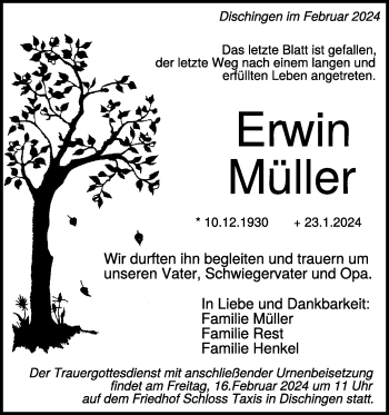 Traueranzeige von Erwin Müller von Heidenheimer Zeitung