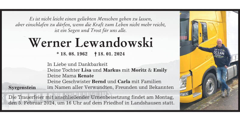  Traueranzeige für Werner Lewandowski vom 02.02.2024 aus Heidenheimer Zeitung