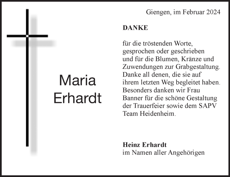  Traueranzeige für Maria Erhardt vom 14.02.2024 aus Heidenheimer Zeitung