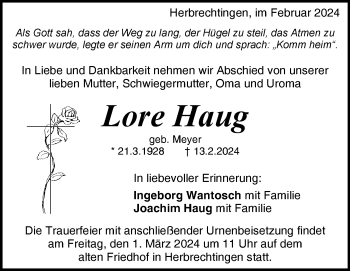 Traueranzeige von Lore Haug von Heidenheimer Zeitung